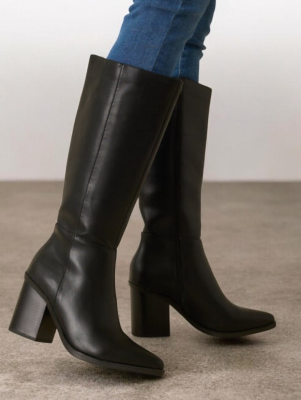 #B502 a new day Black Knee-High Block Heel Boots.
